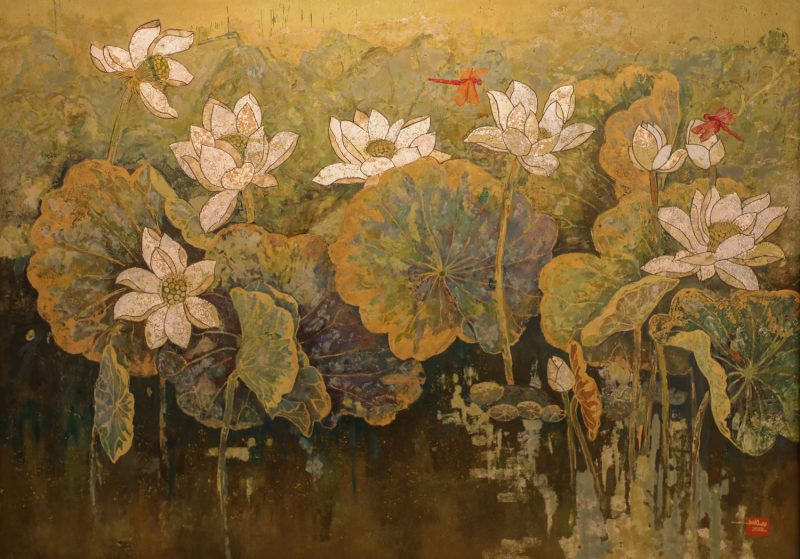 Summer Lotus II - Vietnamese Lacquer Painting by Artist Do Khai