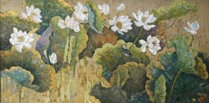 Summer Lotus III - Vietnamese Lacquer Painting by Artist Do Khai