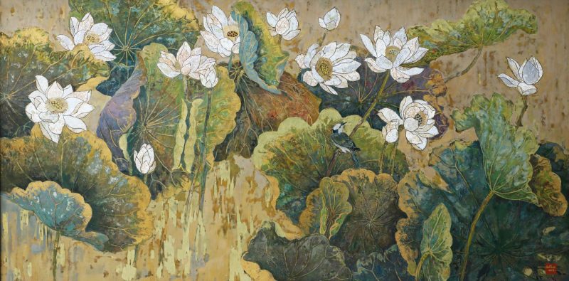 Summer Lotus III - Vietnamese Lacquer Painting by Artist Do Khai