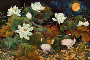Night Lotus - Vietnamese Lacquer Painting by Artist Ai Van