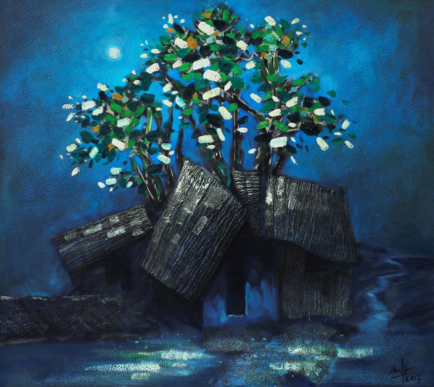 Night of Blue Moon - Vietnamese Oil Painting by Artist Dau Quang Anh