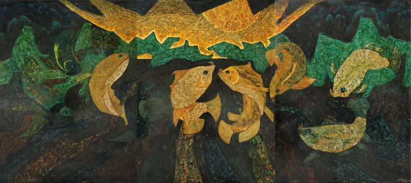 Nine Carps Gazing at the Moon - Vietnamese Lacquer Painting by Artist Ngo Ba Cong