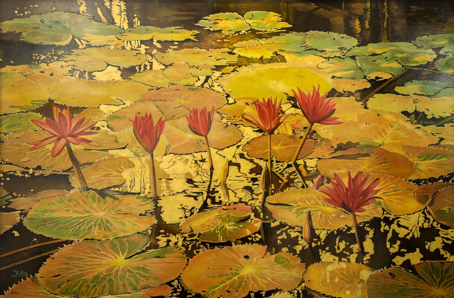 Noble Lotus II - Vietnamese Lacquer Painting by Artist Nguyen Xuan Viet