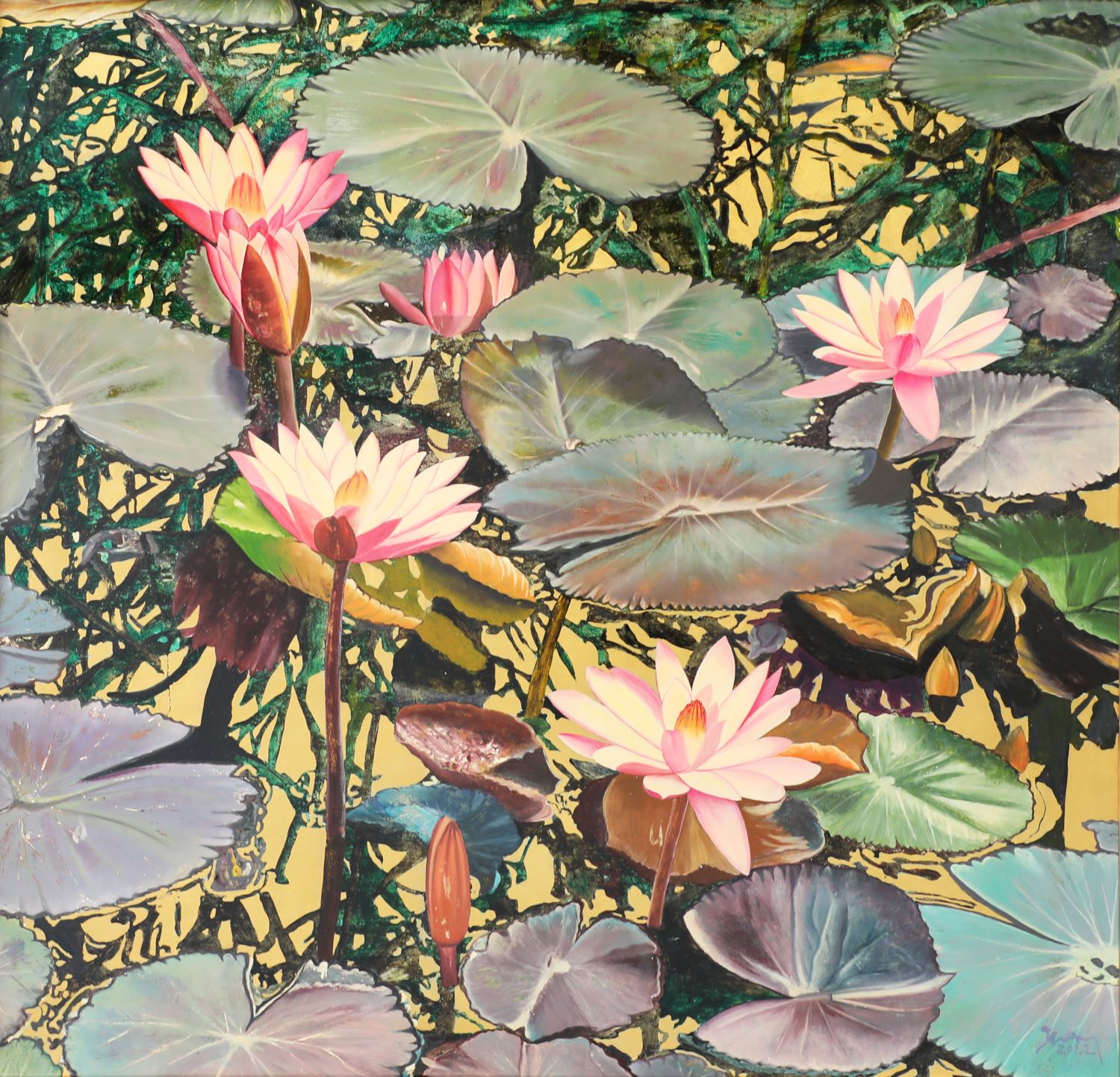Noble Lotus I - Vietnamese Lacquer Painting by Artist Nguyen Xuan Viet