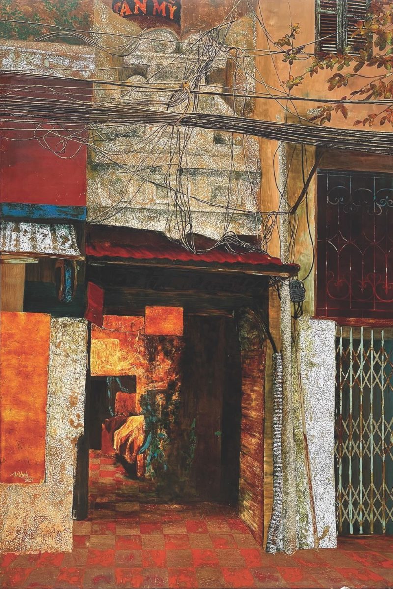Old Street - Vietnamese Lacquer Painting by Artist Trinh Que Anh