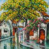 Old Street after the Rain I - Vietnamese Oil Painting by Artist Dau Quang Anh