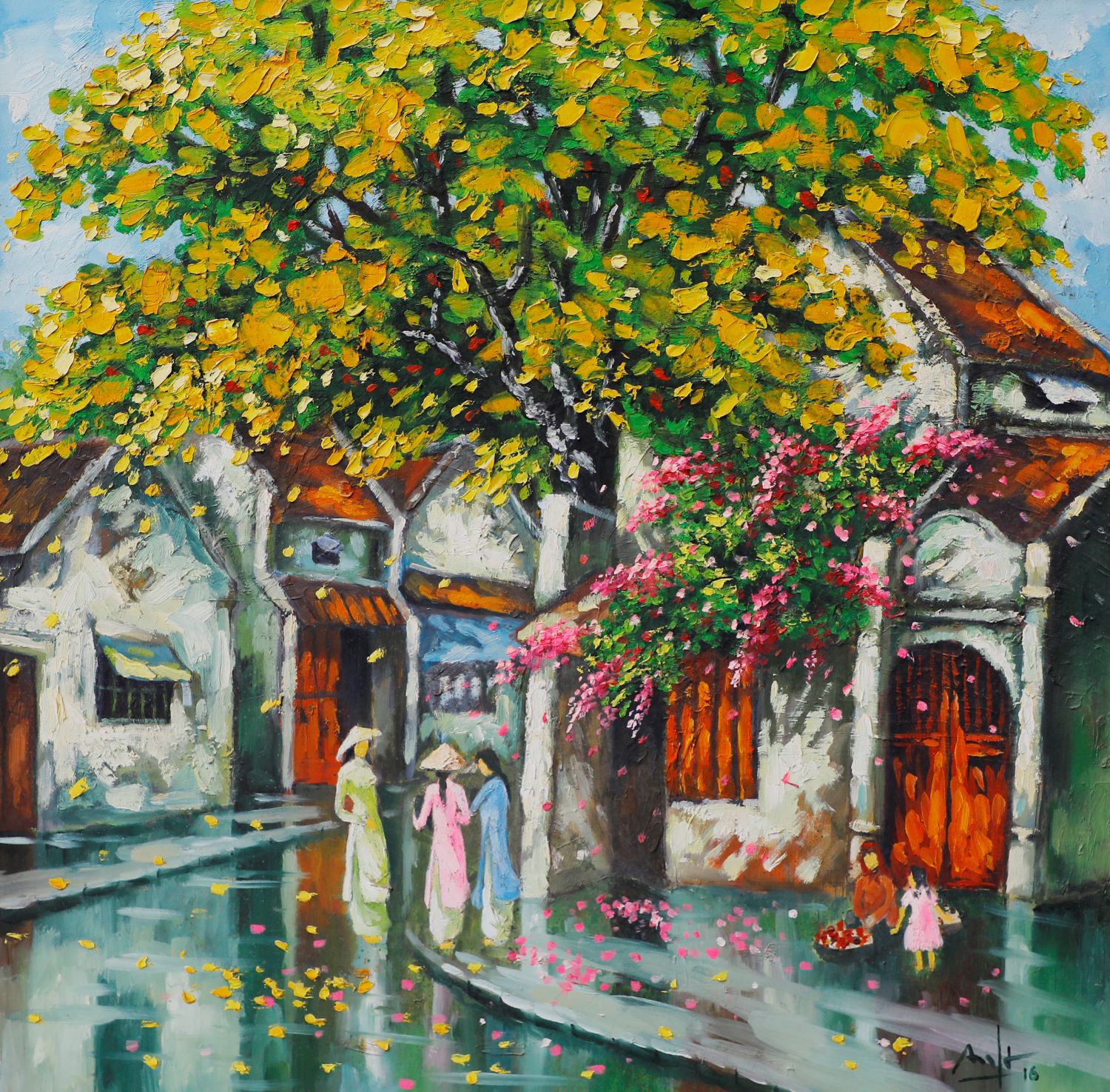 Old Street after the Rain I - Vietnamese Oil Painting by Artist Dau Quang Anh