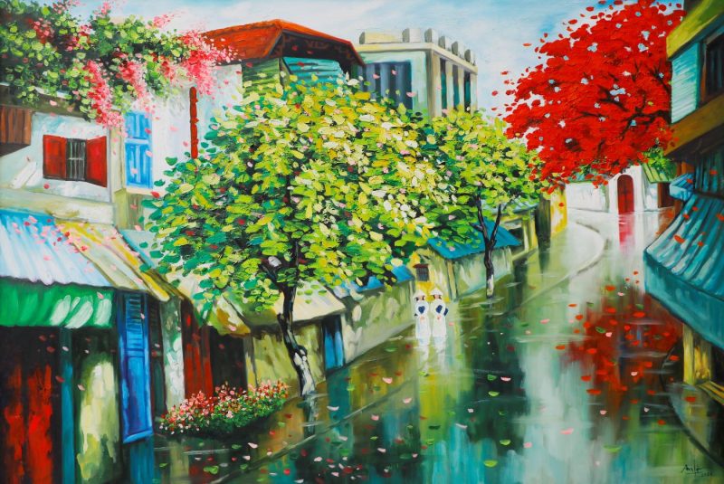 Old Street after the Rain II - Vietnamese Oil Painting by Artist Dau Quang Anh