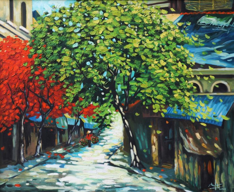 Old Street in the Summer I - Vietnamese Oil Painting by Artist Dau Quang Anh