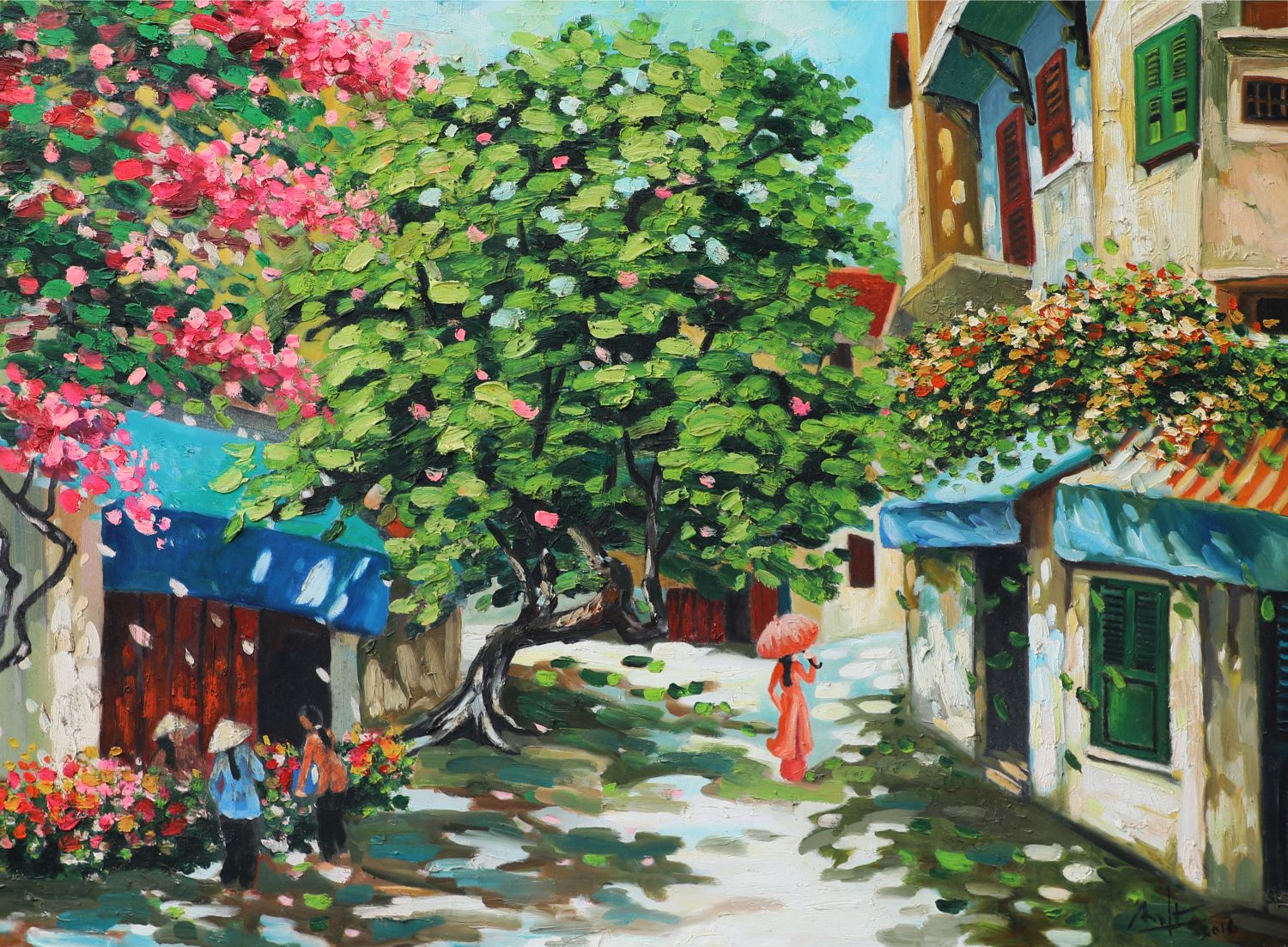 Old Street in the Summer II - Vietnamese Oil Painting by Artist Dau Quang Anh