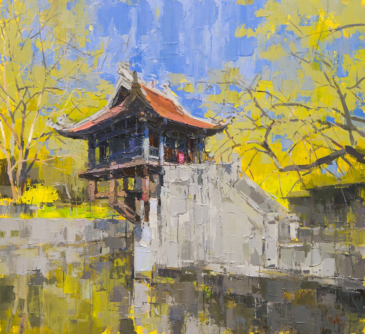 One Pillar Pagoda II - Vietnamese Oil Paintings by Artist Pham Hoang Minh