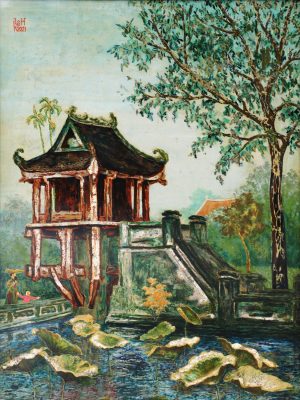 One Pillar Pagoda - Vietnamese Lacquer Painting by Artist Le Khanh Hieu