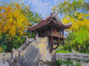 One Pillar Pagoda - Vietnamese Oil Painting by artist Pham Hoang Minh