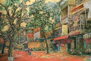 Peaceful Street - Vietnamese Lacquer Painting by Artist Nguyen Van Nghia