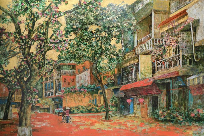 Peaceful Street - Vietnamese Lacquer Painting by Artist Nguyen Van Nghia