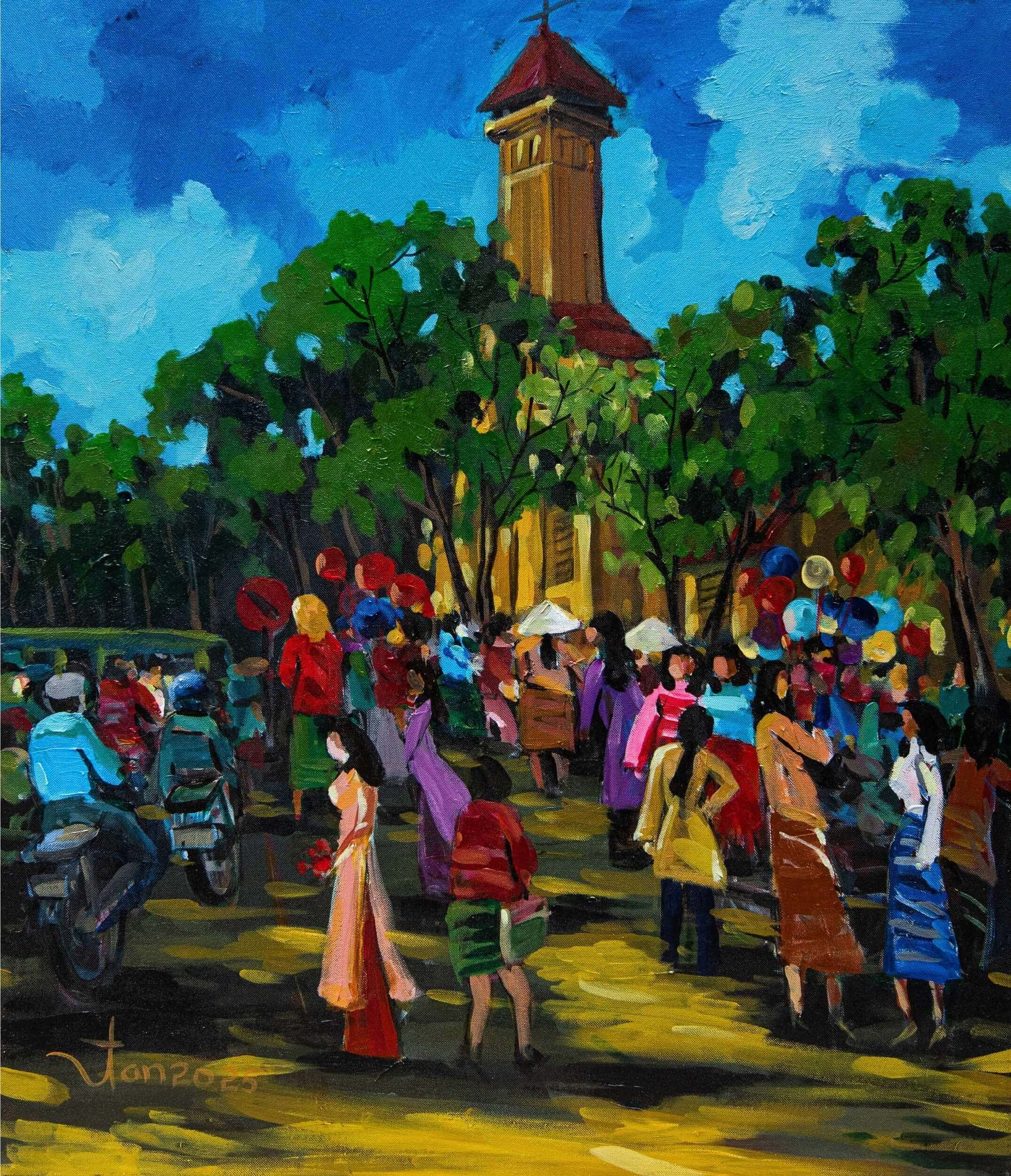 Spring Market Street - Oil Painting By Artist Vu Manh Tan
