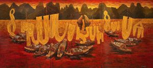 Old Ha Long Fishing Village Landscape - Vietnamese Lacquer Painting by Artist Ngo Ba Cong