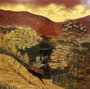 Highland Landscape - Vietnamese Lacquer Painting by Artist Trinh Que Anh
