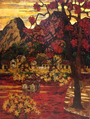 Thầy Pagoda Landscape - Vietnamese Lacquer Painting by Artist Ngo Ba Cong