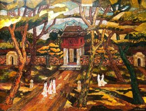 Temple of Literature Landscape - Vietnamese Lacquer Painting by Artist Ngo Ba Cong
