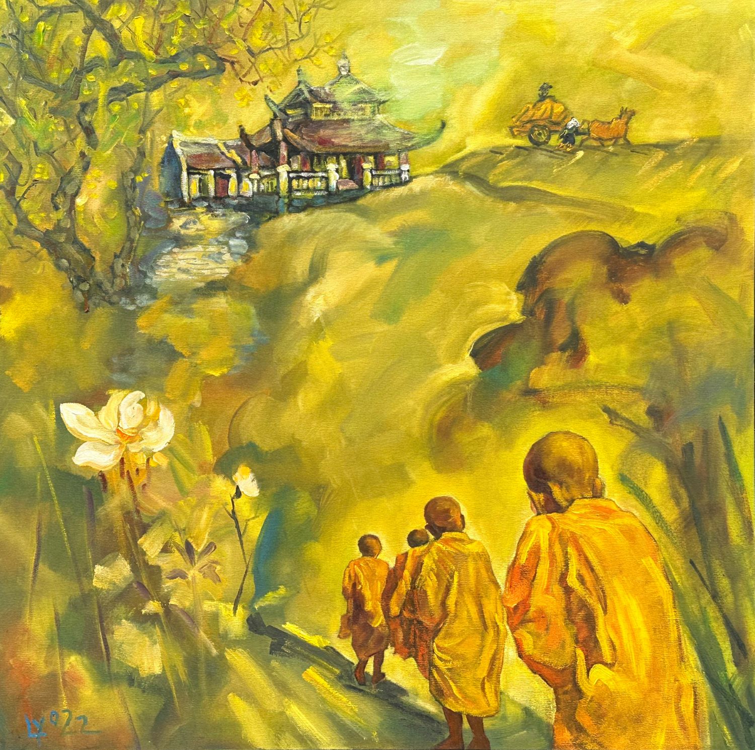 Pilgrimage - Vietnamese Oil Painting by Artist Le Ngoc Ly