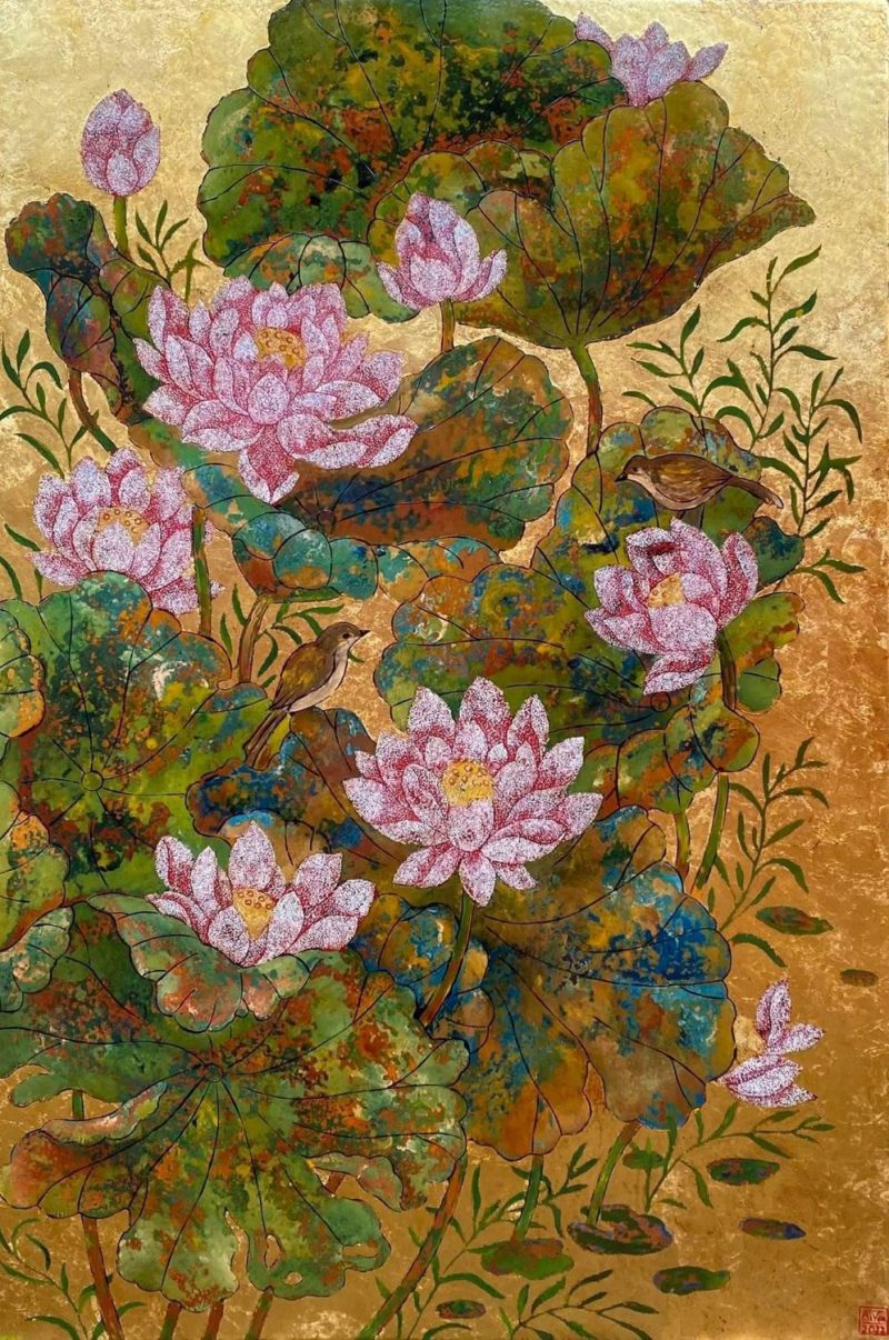 Pink Lotus II - Vietnamese Lacquer Painting by Artist Chau Ai Van