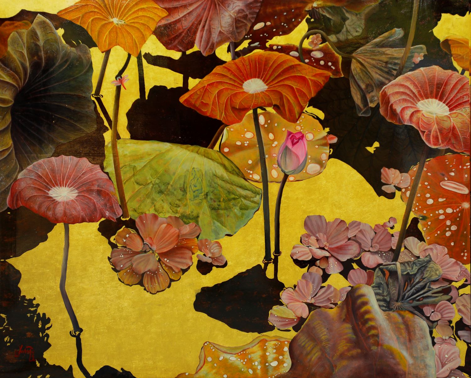 Pink Lotus II - Vietnamese Lacquer Painting by Artist Nguyen Xuan Viet