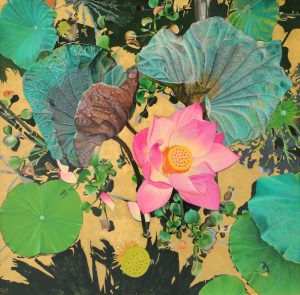 Pink Lotus - Vietnamese Lacquer Painting by Artist Nguyen Xuan Viet