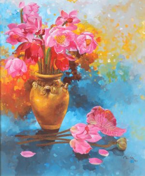 Pink Lotus - Vietnamese Oil Paintings Flower by Artist An Dang