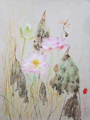 Pink Lotus - Vietnamese Watercolor Painting by Artist Nguyen Lam