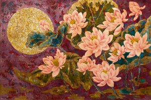 Pink Lotus in the Moonlight - Vietnamese Lacquer Painting by Artist Chau Ai Van