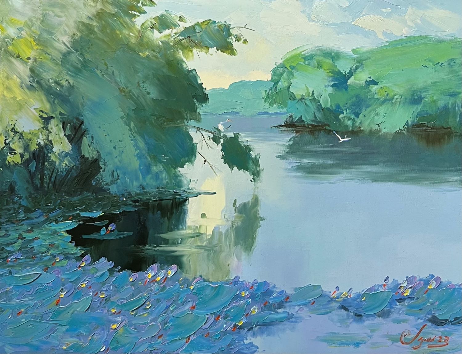 Pond in Autumn VI - Vietnamese Oil Painting by Artist Dang Dinh Ngo