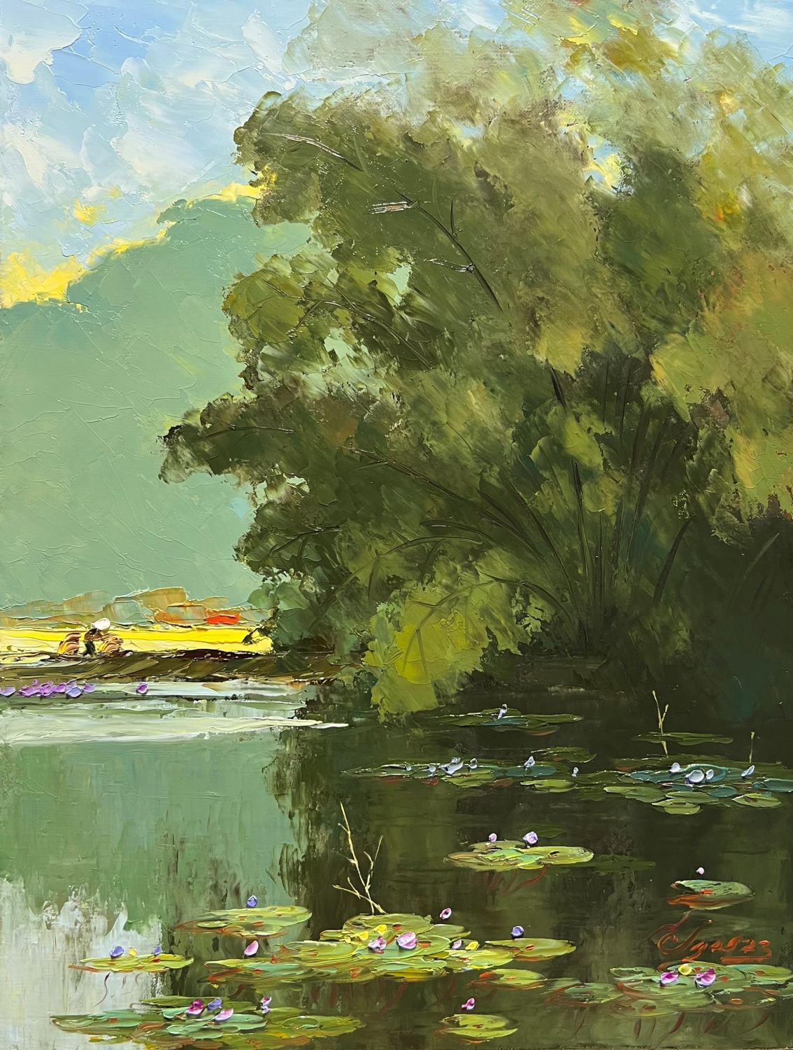 Pond in Autumn VII - Vietnamese Oil Painting by Artist Dang Dinh Ngo