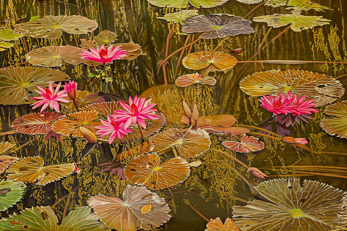 Pond of Noble Lotuses II Vietnamese Lacquer Painting By artist Nguyen Xuan Viet