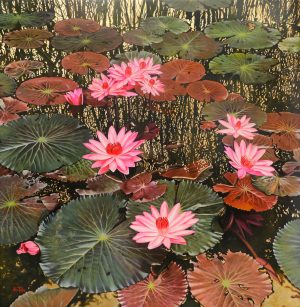 Pond of Noble Lotuses Vietnamese lacquer painting by artist Nguyen Xuan Viet (1)