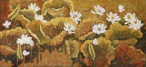 Pond of White Lotuses III - Vietnamese Lacquer Painting by Artist Do Khai