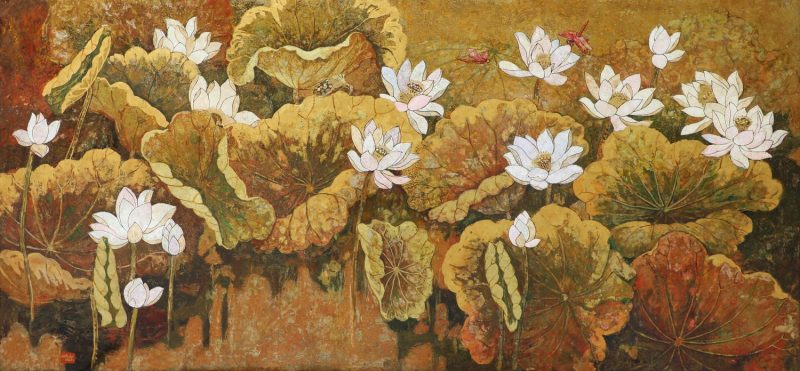 Pond of White Lotuses III - Vietnamese Lacquer Painting by Artist Do Khai