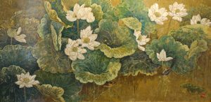 Pond of White Lotus - Vietnamese Lacquer Painting by Artist Do Khai