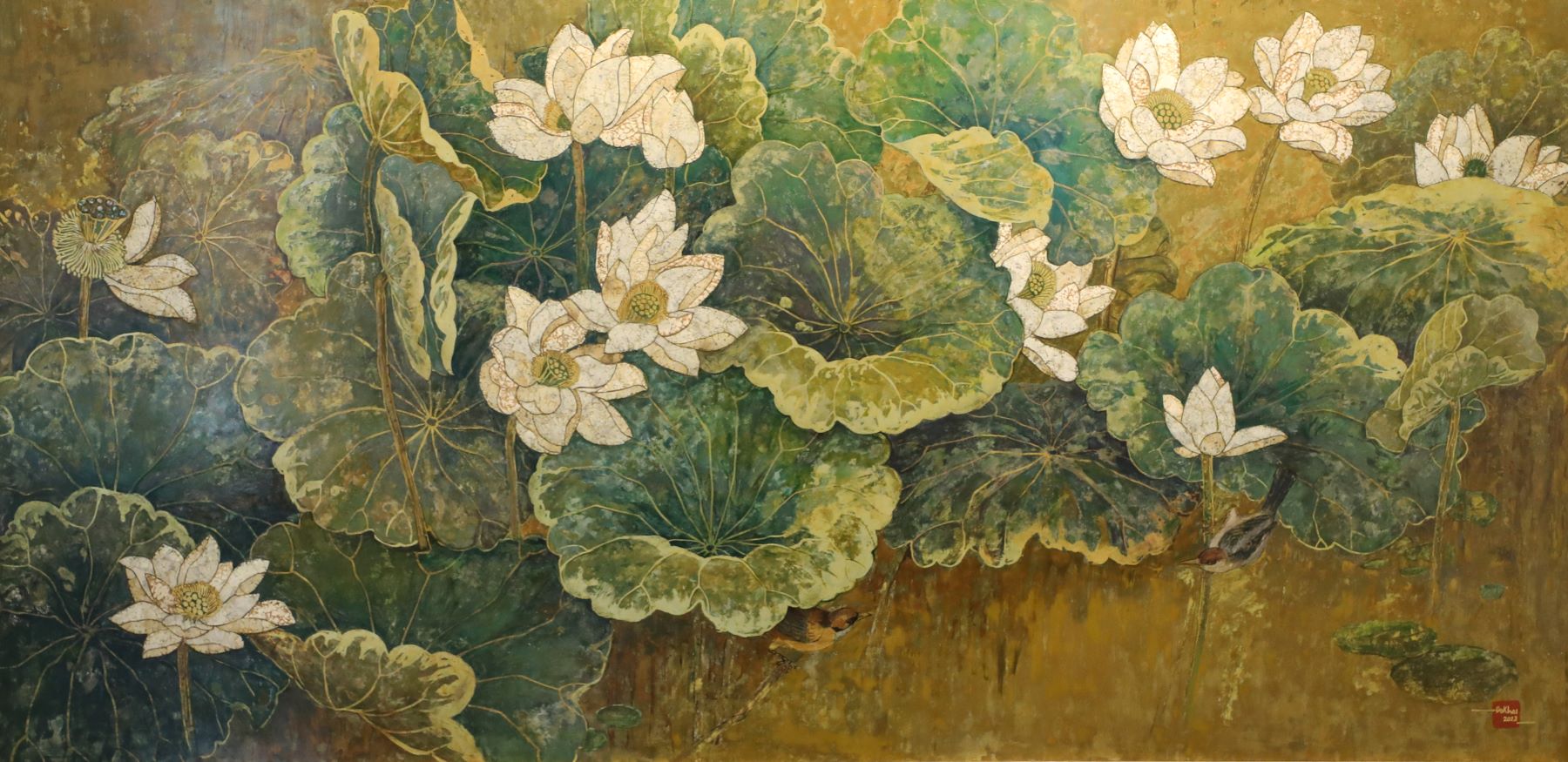 Pond of White Lotus - Vietnamese Lacquer Painting by Artist Do Khai