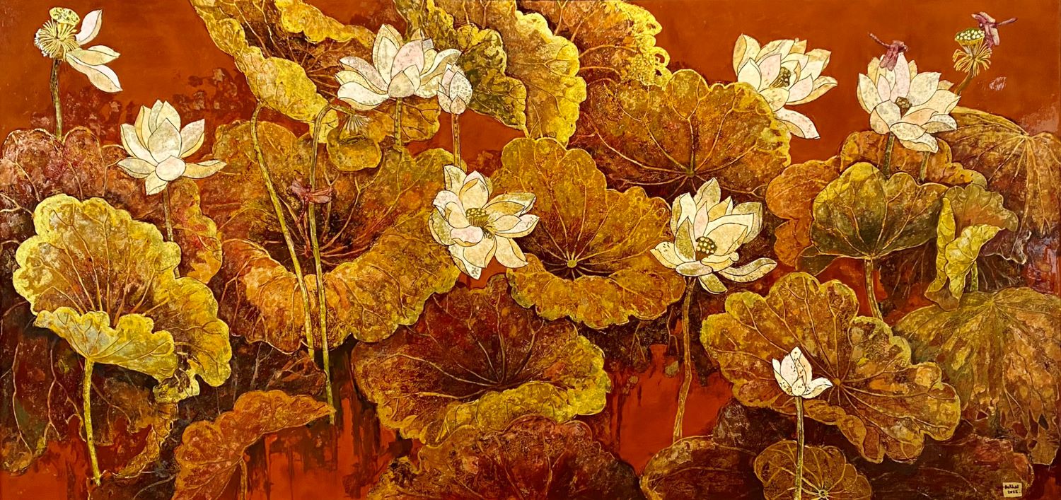 Pond of White Lotuses II - Vietnamese Lacquer Painting by Artist Do Khai
