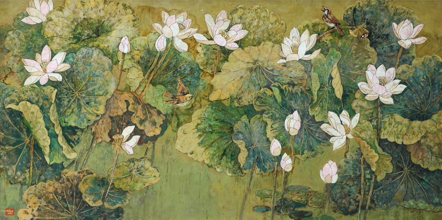 Pond of White Lotuses IV - Vietnamese Lacquer Painting by Artist Do Khai