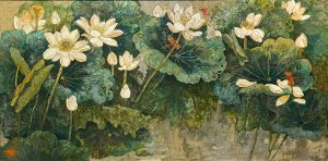 Pond of White Lotuses V Vietnamese Lacquer Painting by Artist Do Khai