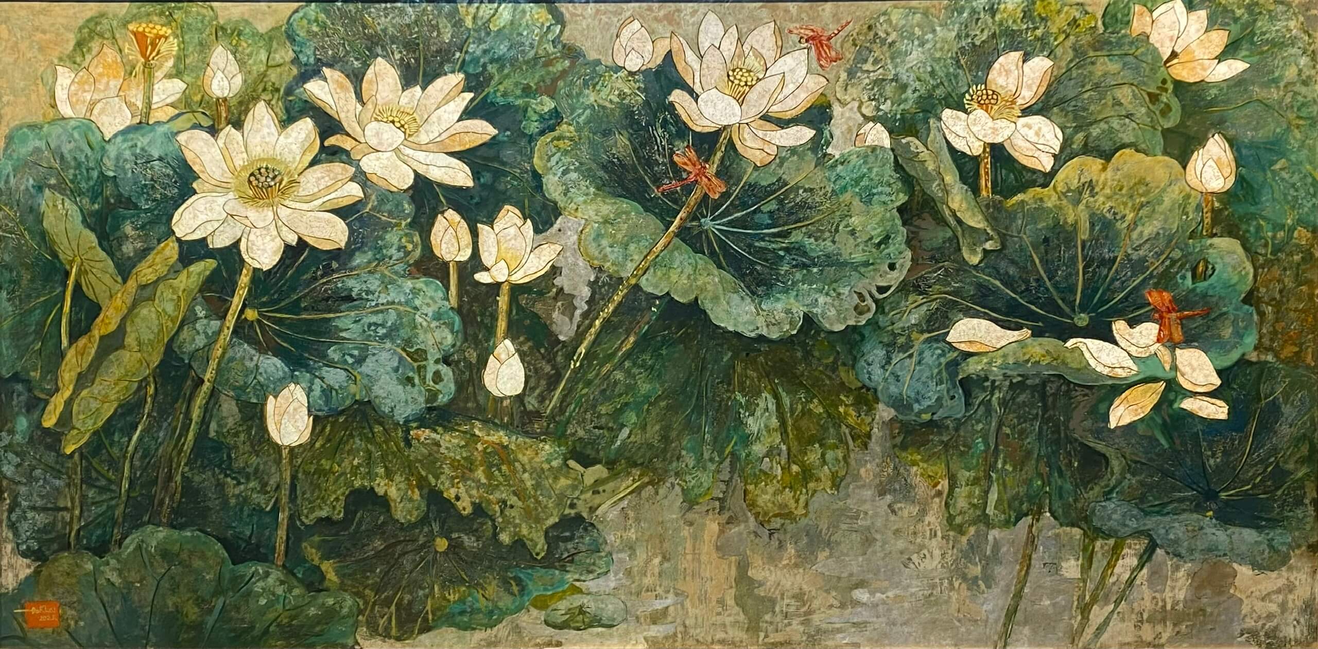 Pond of White Lotuses V Vietnamese Lacquer Painting by Artist Do Khai