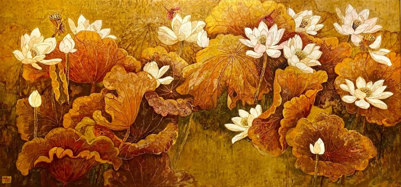 Pond of White Lotuses VI Vietnamese Lacquer Painting by Artist Do Khai