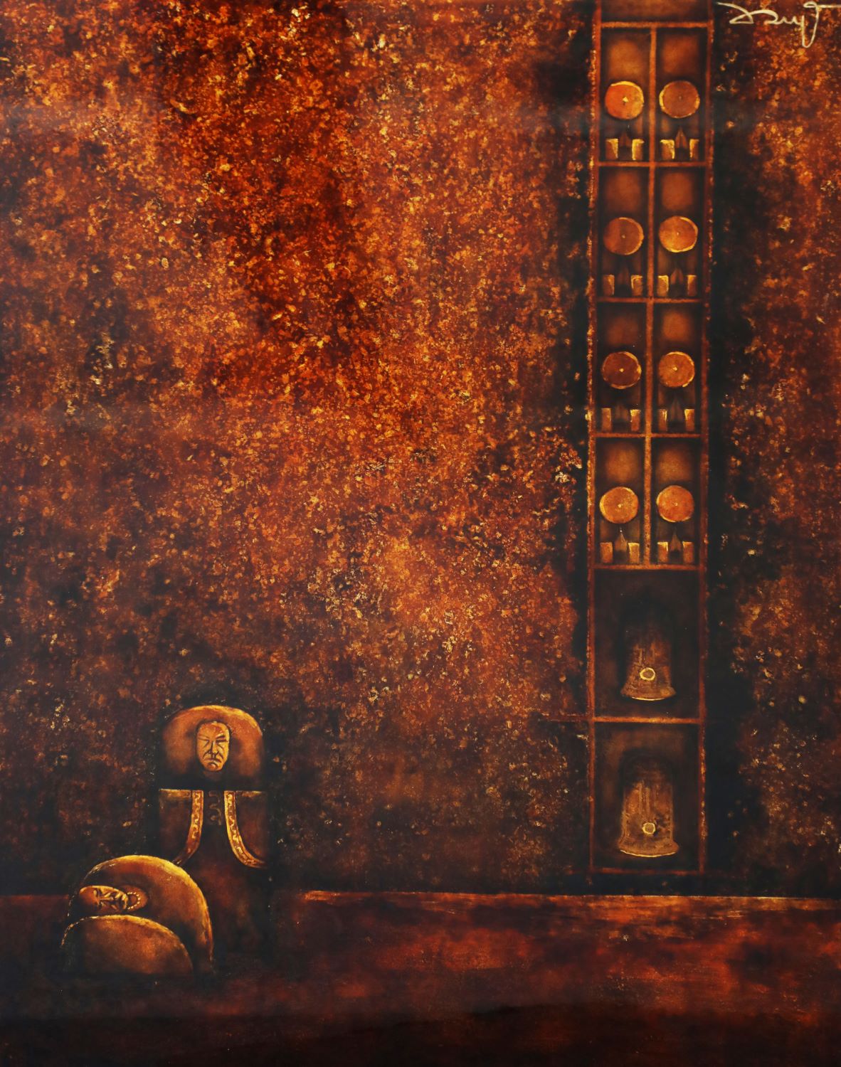 Praying III - Vietnamese Lacquer Painting by Artist Luong Duy