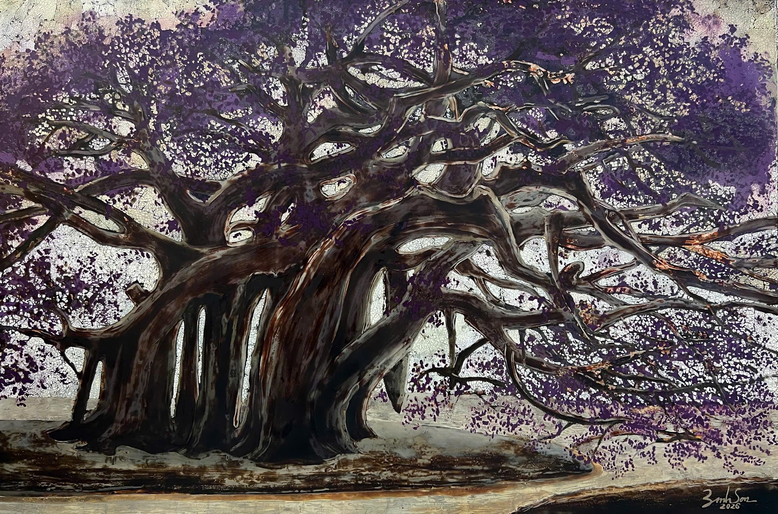 Purple Roots - Lacquer Painting by Artist Nguyen Binh Son
