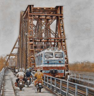Crossing Long Bien Bridge - Oil painting by artist Duy Quyen