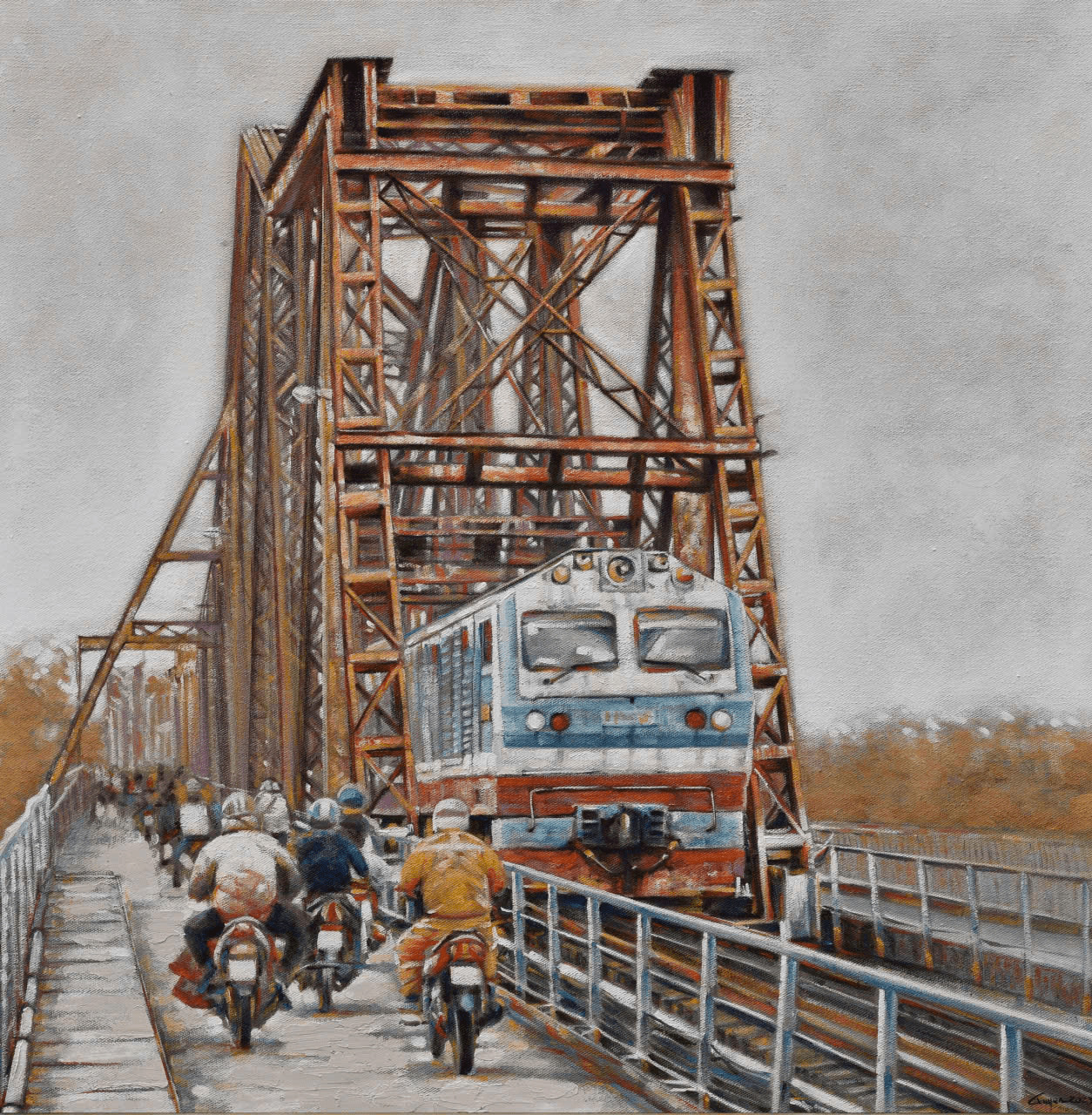 Crossing Long Bien Bridge - Oil painting by artist Duy Quyen