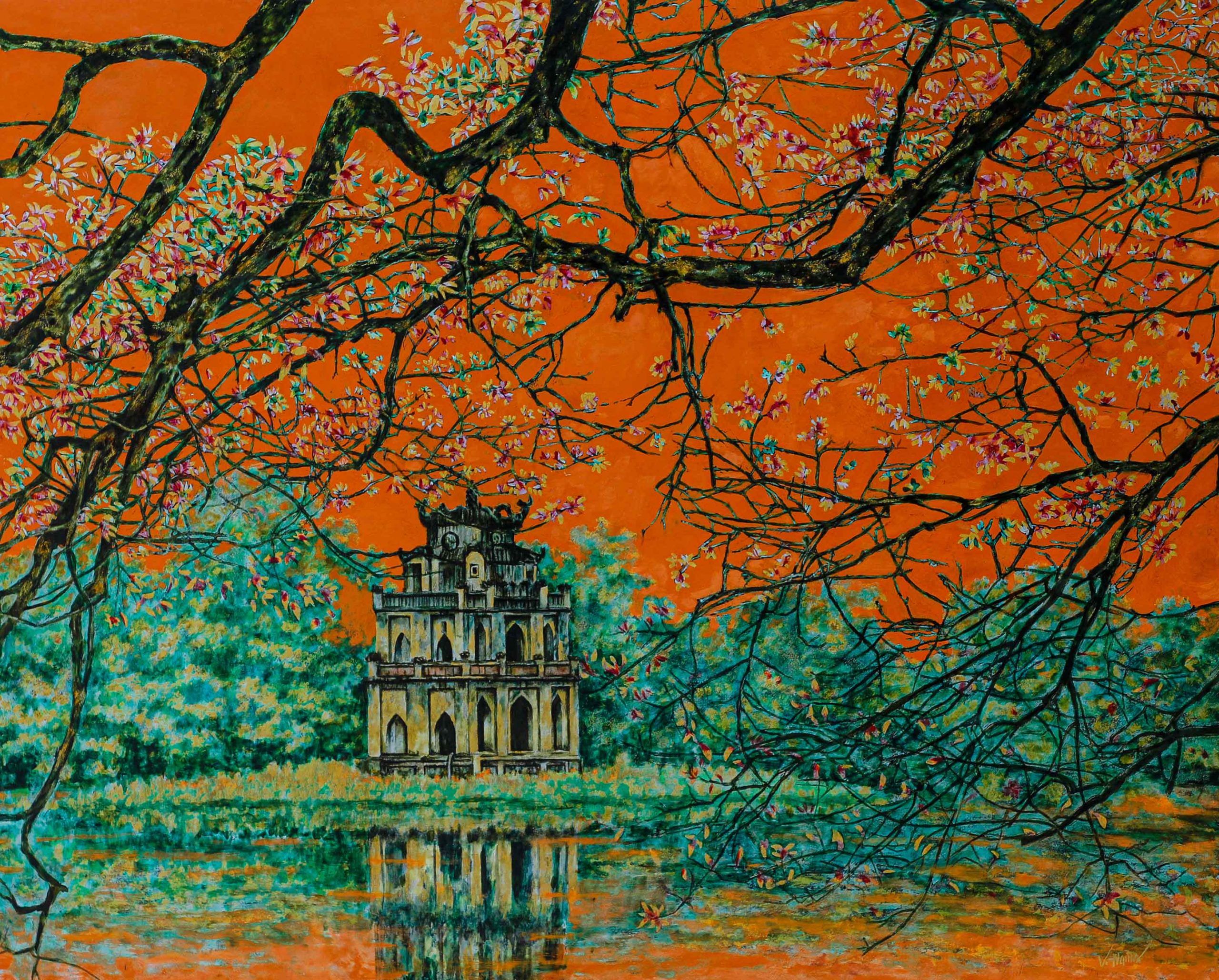 Echoes of Hoan Kiem Lake - Lacquer Painting by Artist Nguyen Van Nghia