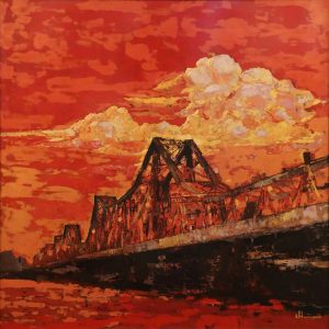 Twilight Over Long Biên Bridge - Vietnamese Lacquer Painting by Artist Luong Huyen